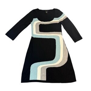BCBGMAXAZRIA Women Black Geometric Swirl Knit Sweater Dress 3/4 Sleeve Large L